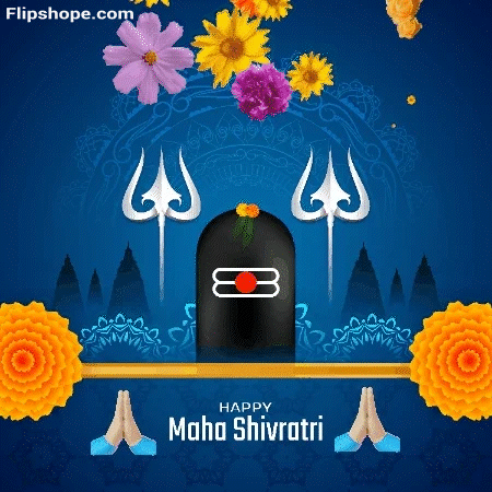 Happy Maha Shivaratri Greeting Card With Shiva Lingam And Flowers GIF