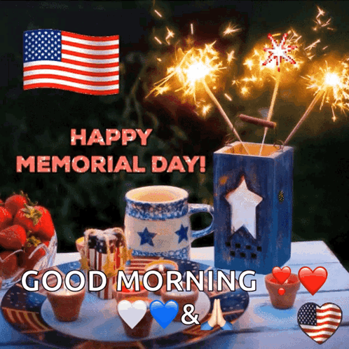 Happy Memorial Day Greeting Card with Sparklers and Coffee