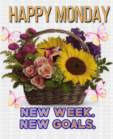 Happy Monday New Week New Goals With A Basket Of Flowers And Butterflies GIF