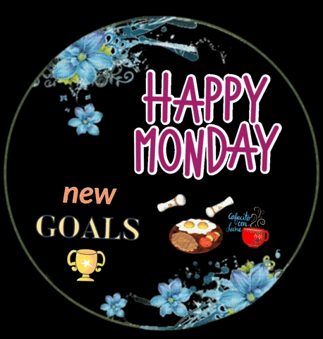 Happy Monday Sign With Blue Flowers and Trophy