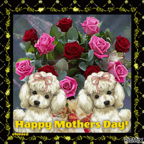 Happy Mothers Day Card with Poodles and Roses