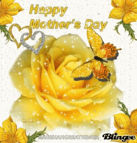 Happy Mothers Day Card with Yellow Flowers and Butterflies