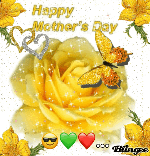 Happy Mothers Day Message With Yellow Rose and Butterflies