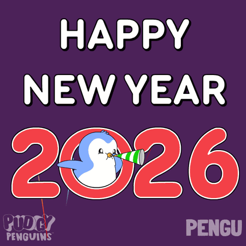 Happy New Year 2026 With A Penguin Blowing A Horn In Front Of Fireworks GIF