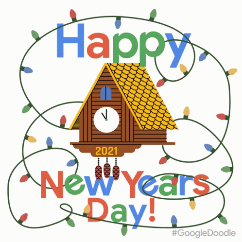 Happy New Year Card Birdhouse and Clock