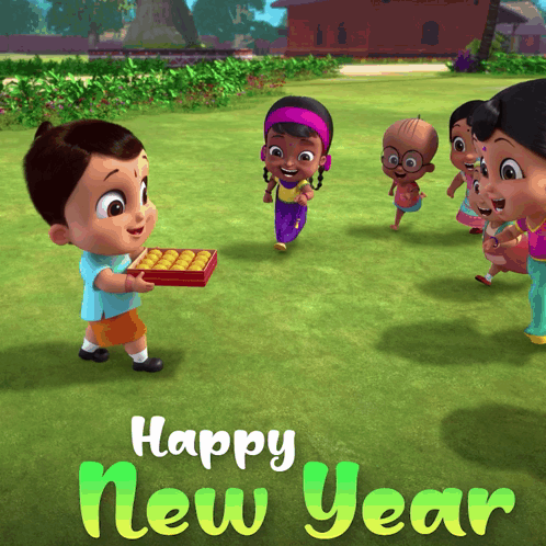 Happy New Year Card Boy Holding Box