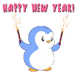 Happy New Year Card With Blue Penguin Fireworks