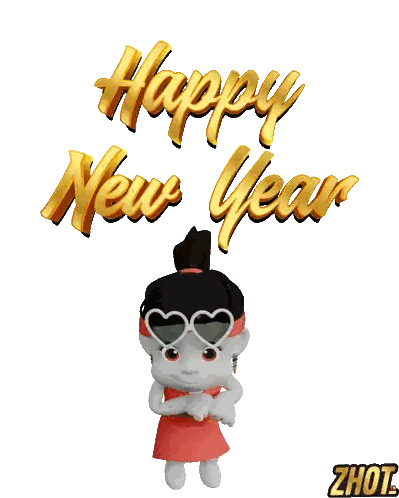Happy New Year Card With Cartoon Girl and Heart Sunglasses