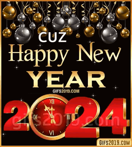 Happy New Year Card With Clock And Christmas Balls GIF