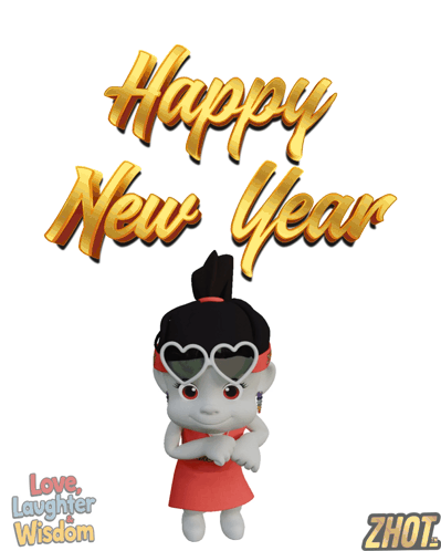 Happy New Year Card With Girl in Heart Sunglasses