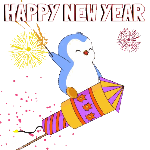 Happy New Year Card With Penguin and Firework