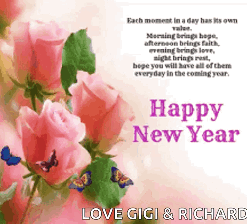 Happy New Year Card With Pink Roses And Butterflies GIF