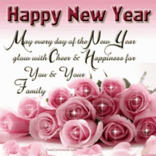Happy New Year Card With Pink Roses GIF