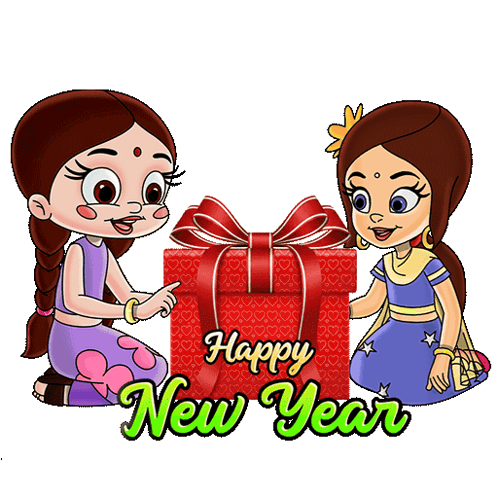 Happy New Year Girls Holding Gift