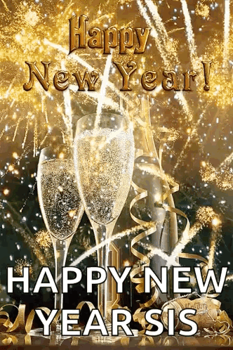 Happy New Year Greeting Card Champagne Glasses Bottle