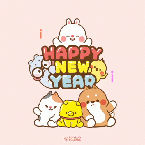 Happy New Year Greeting Card With Animals GIF