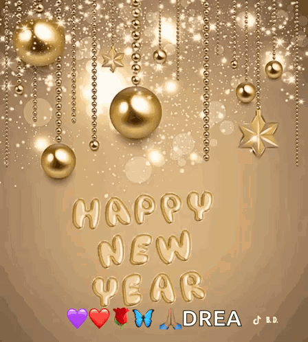 Happy New Year Greeting Card with Gold Balls and Stars