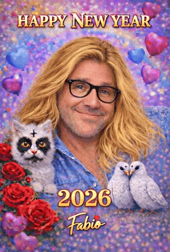 Happy New Year Greeting Card With Man and Two Birds