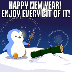 Happy New Year Greeting Card With Penguin and Bamboo