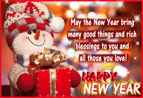 Happy New Year Snowman Holding Red Gift Box GIF