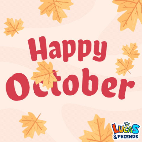 Happy October Is Written In Red On A Pink Background With Leaves GIF