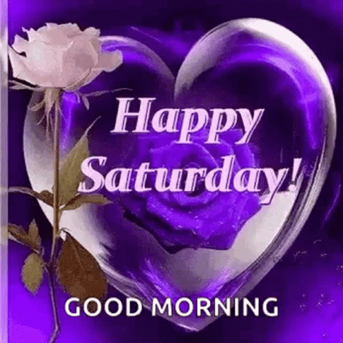 Happy Saturday Good Morning Greeting With Purple Heart and Rose