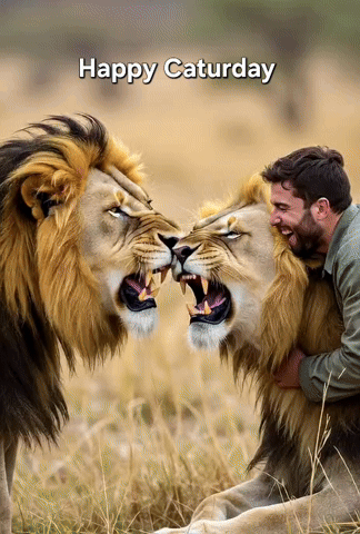 Happy Saturday Man Petting Lion