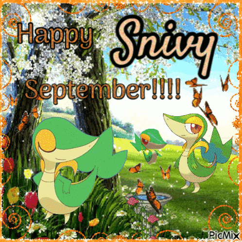 Happy Snivy September Greeting Card with Snakes and Butterflies
