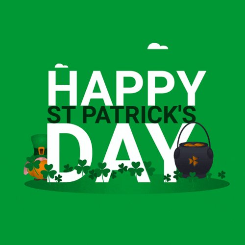 A single, smiling leprechaun winks and waves, surrounded by sparkling green shamrocks, wishing a Happy St. Patrick's Day.