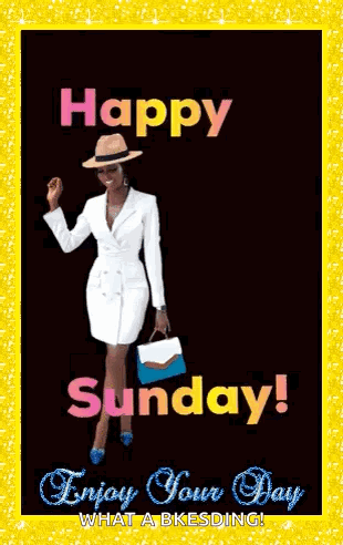 Happy Sunday Greeting Card Woman in Hat and White Dress