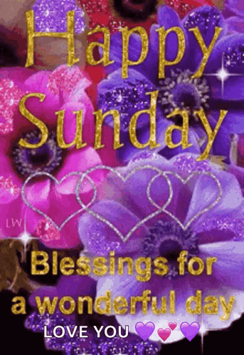Happy Sunday Greeting With Purple Flowers and Hearts