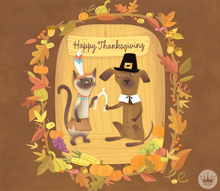 Happy Thanksgiving Dog And Cat Graphic Art GIF