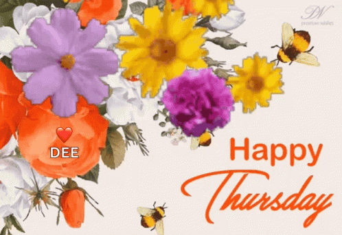 Happy Thursday Card with Flowers and Bees