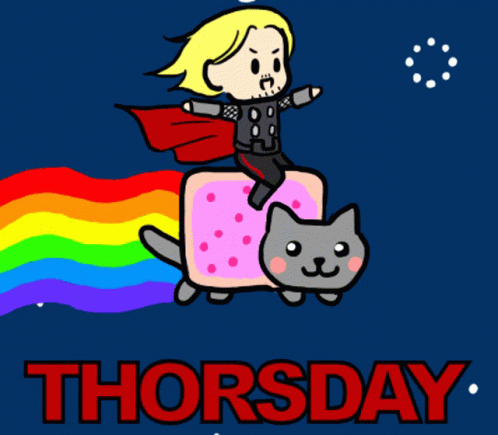 Happy Thursday Funny Thor Cartoon Riding A Cat GIF