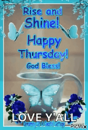 Happy Thursday Greeting Card With Coffee and Butterflies