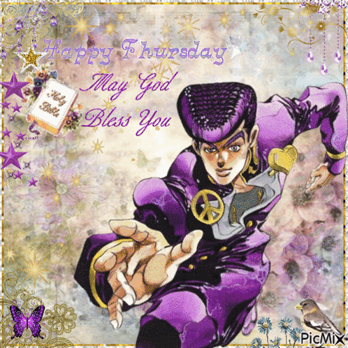 Happy Thursday Greeting Card With Purple Cartoon Character GIF