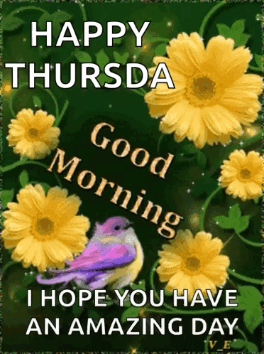 Happy Thursday Greeting Card with Yellow Flowers and Bird