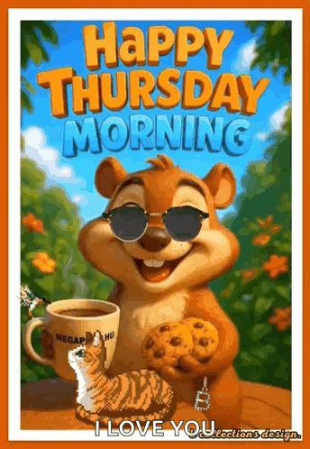 Happy Thursday Morning Chipmunk Holding Cookie and Coffee