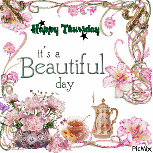 Happy Thursday Pink Flowers Teapot