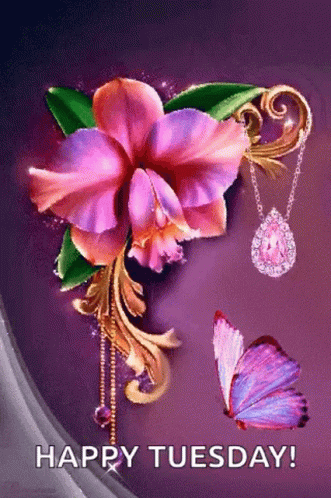 Happy Tuesday Greeting Card With Purple Flower and Butterfly