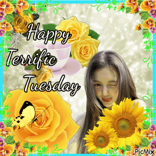Happy Tuesday Greeting Card Woman Surrounded by Flowers