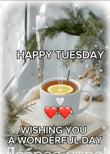 Happy Tuesday Wishing You a Wonderful Day With Cup of Tea on Book