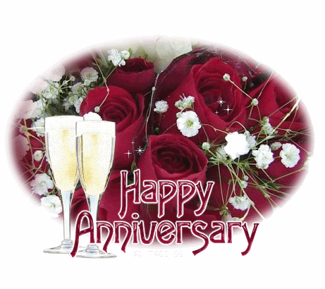 Happy Wedding Anniversary Roses And Wine Glasses GIF