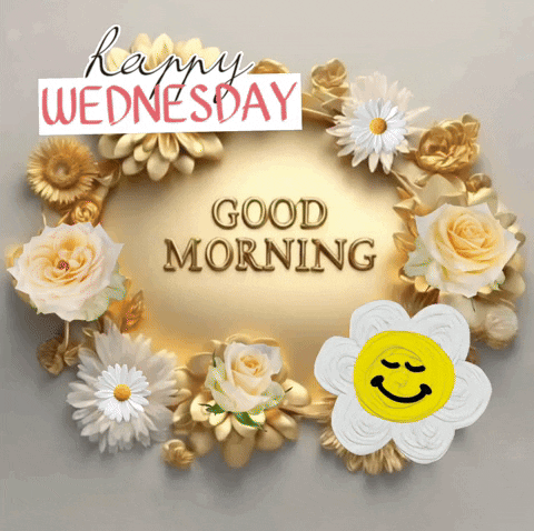 Happy Wednesday Greeting Card with Flowers and Yellow Smiley