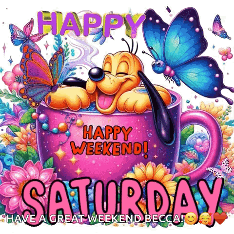 Happy Weekend Dog In Coffee Cup With Butterflies GIF