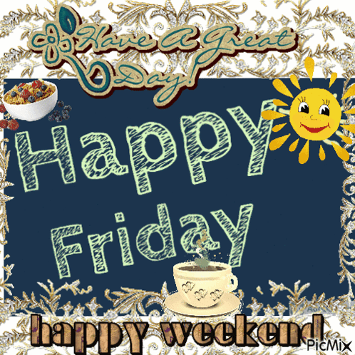 Happy Weekend Sign With Coffee And Smiling Sun GIF