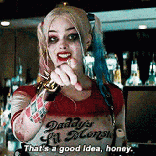 Harley Quinn From Suicide Squad Is Pointing At The Camera While Wearing A Daddy 'S Monster Shirt . GIF