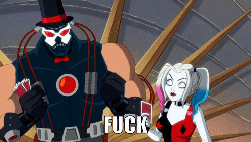 Harley Quinn Is Holding A Card And Bane Is Wearing A Top Hat With The Word Fuck On It GIF