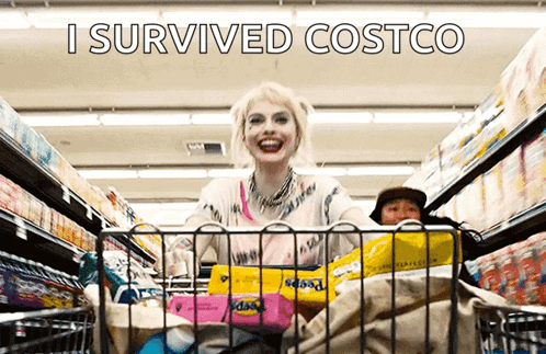 Harley Quinn Is Pushing A Shopping Cart In A Grocery Store With The Words I Survived Costco Above Her . GIF