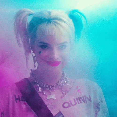 Harley Quinn Is Wearing A Shirt That Says Quinn On The Front GIF